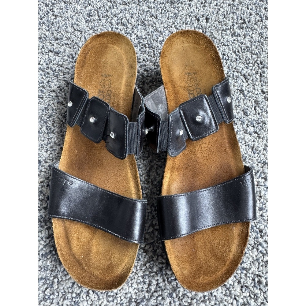 NAOT Ashley‎ Rhinestone Slide Sandals Black Madras Leather Women's Size 41 / 10